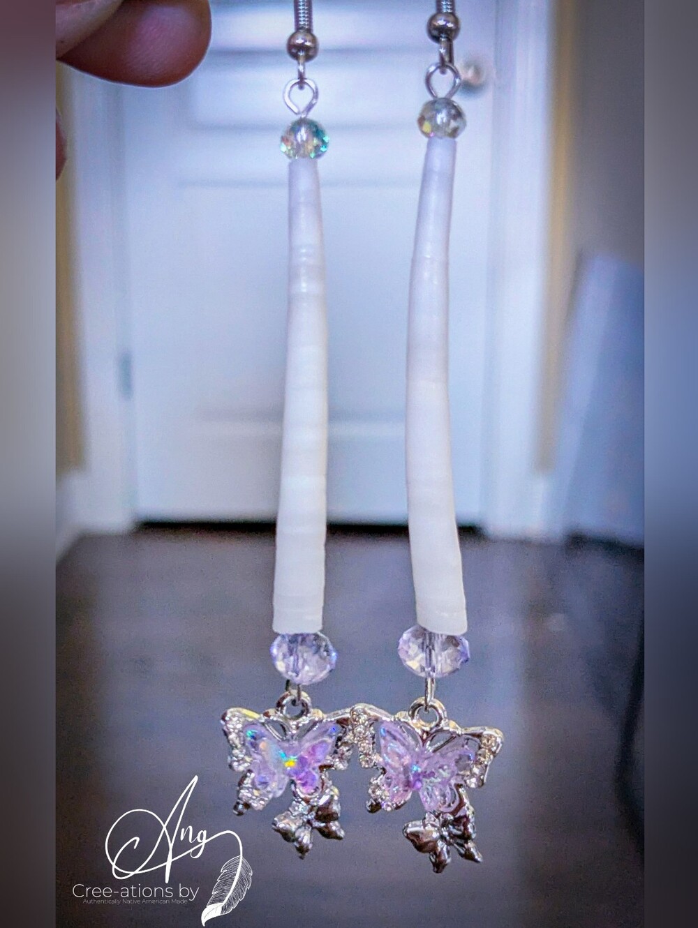Iridescent Crystal Lavender Butterfly Charm Drop Shell Earrings